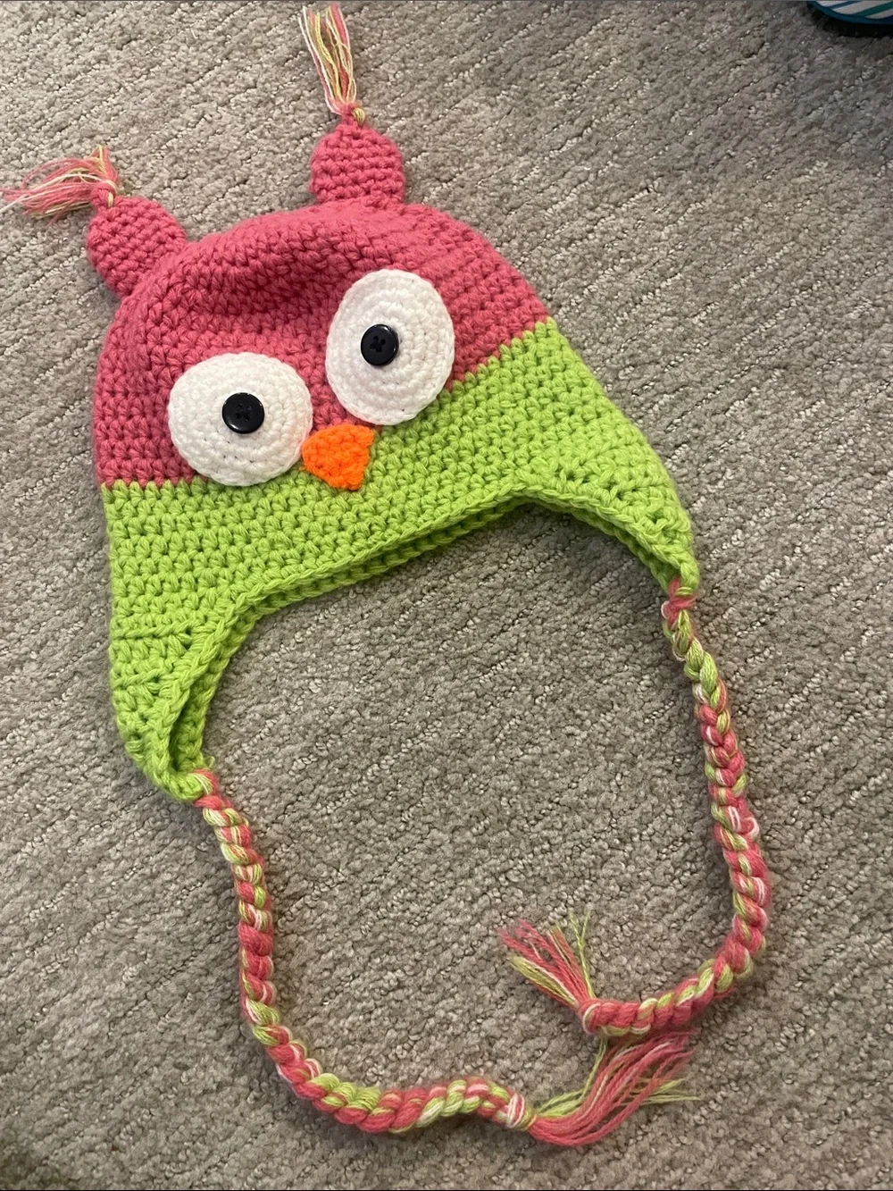 Handmade Crochet Owl Earflap Beanie in Pink & Lime Green